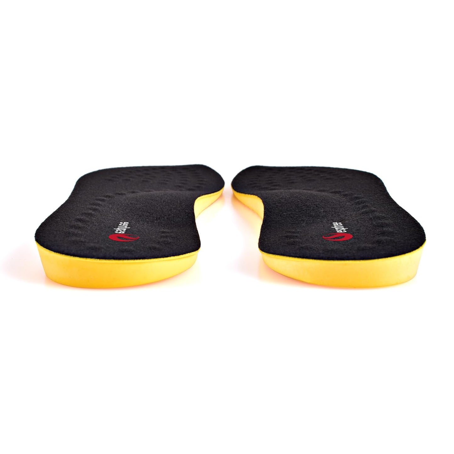 A pair of black athletic shoe insoles with bright yellow sides and a small red and white logo on the bottom, displayed on a clean white background.
