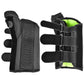A pair of black fingerless protective gloves shown from two angles: one displaying the palm side with textured fabric and finger cutouts, and the other showing the back with three adjustable hook-and-loop straps and a bright neon green inner lining.