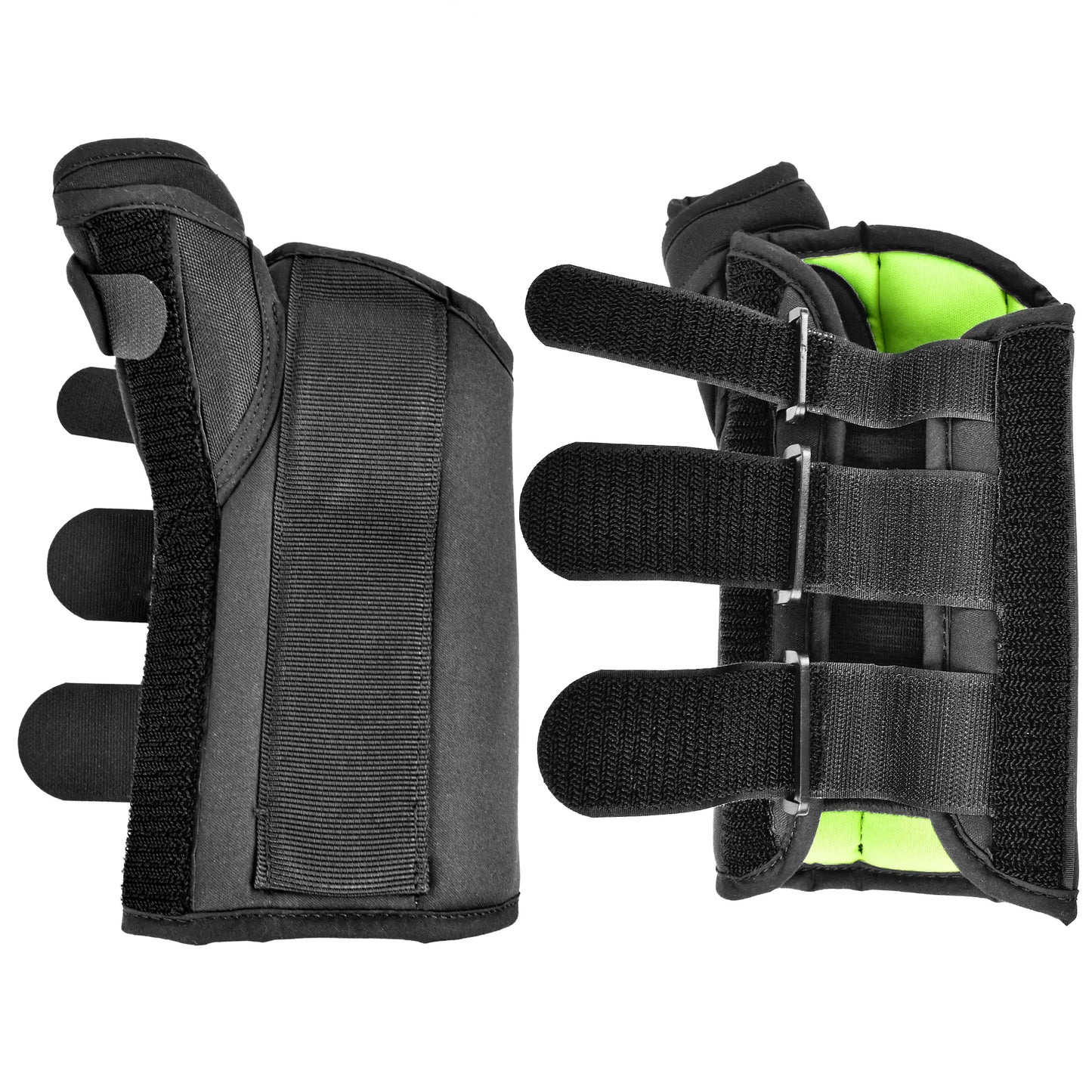 A pair of black fingerless protective gloves shown from two angles: one displaying the palm side with textured fabric and finger cutouts, and the other showing the back with three adjustable hook-and-loop straps and a bright neon green inner lining.