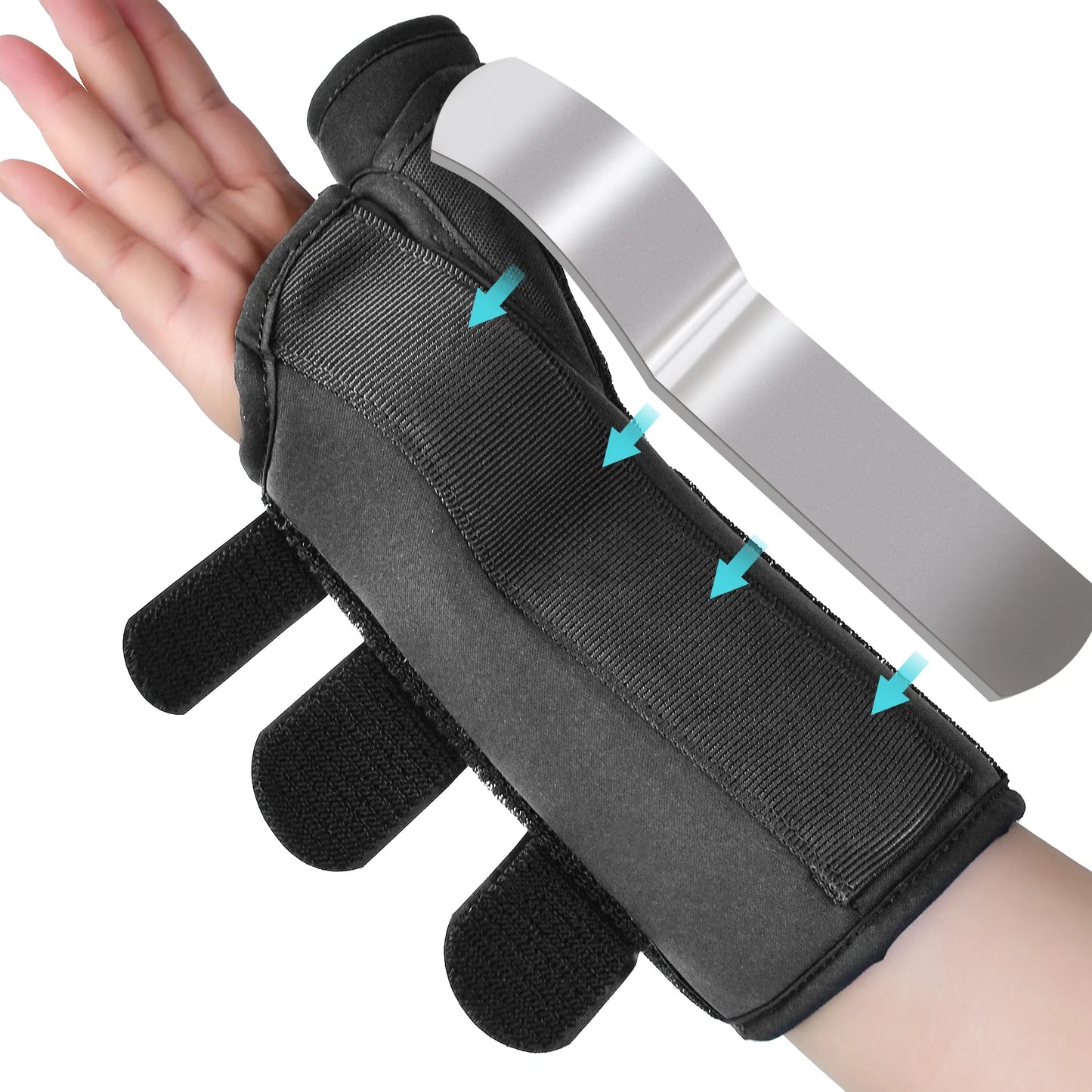 A black wrist brace with four finger supports shown worn on a hand, with a silver curved support pad and blue arrows indicating compression or fit adjustment.
