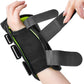 A black wrist support brace with bright green lining and adjustable hook-and-loop straps, shown being worn and adjusted by hands against a white background.