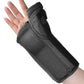 A black wrist and forearm support brace worn on a person's hand, shown against a plain white background.