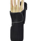 A black neoprene wrist brace with a hook-and-loop strap, shown on a mannequin hand against a plain white background.