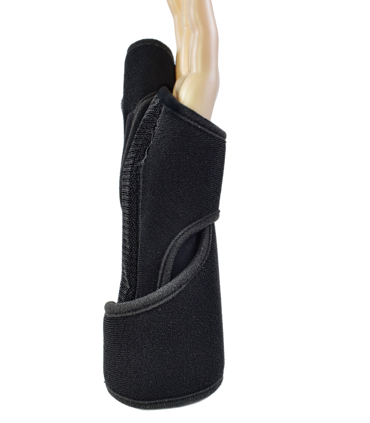 A black neoprene finger splint or immobilizer brace shown on a mannequin hand against a plain white background.