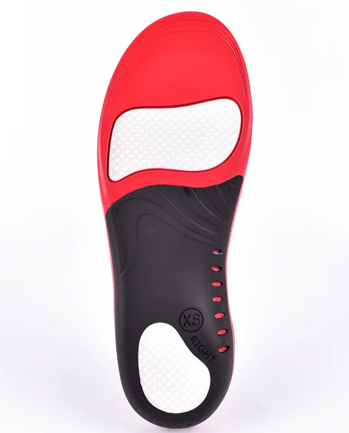 Breathable Lycra top fabric on PU foam body for flat feet cushioning.