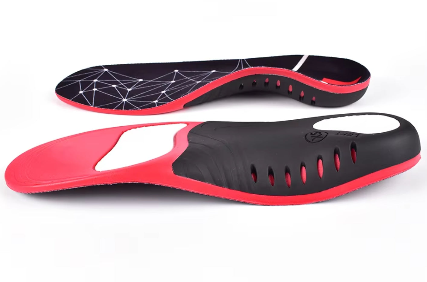 Close-up of recessed heel design for plantar fasciitis and heel inversion relief.