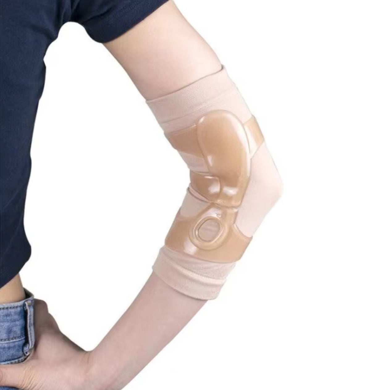Close-up of silicone layer and elastic sleeve on elbow protection brace