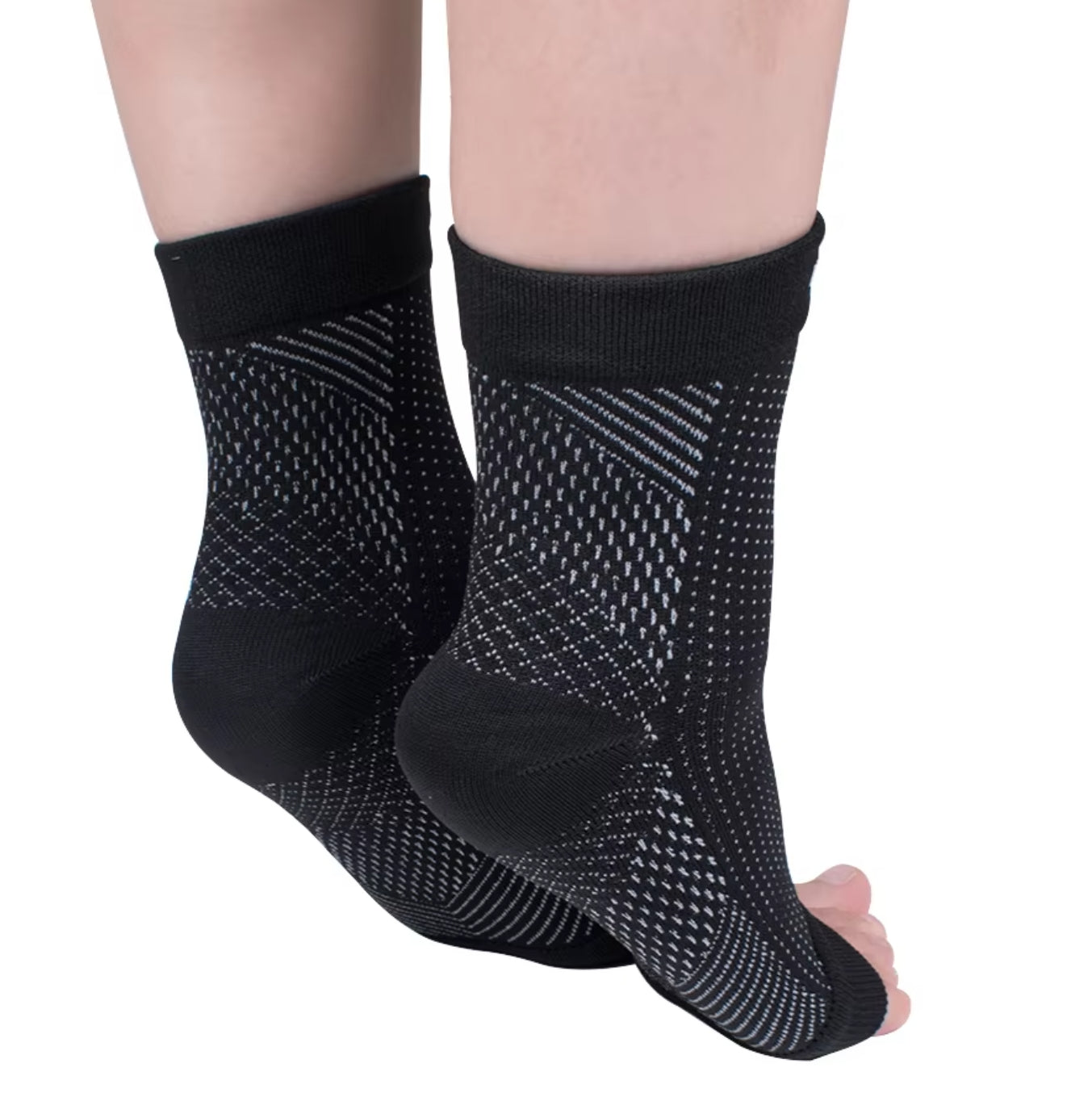 Close-up shot of the breathable 3D knit fabric and comfort band on the compression ankle sock