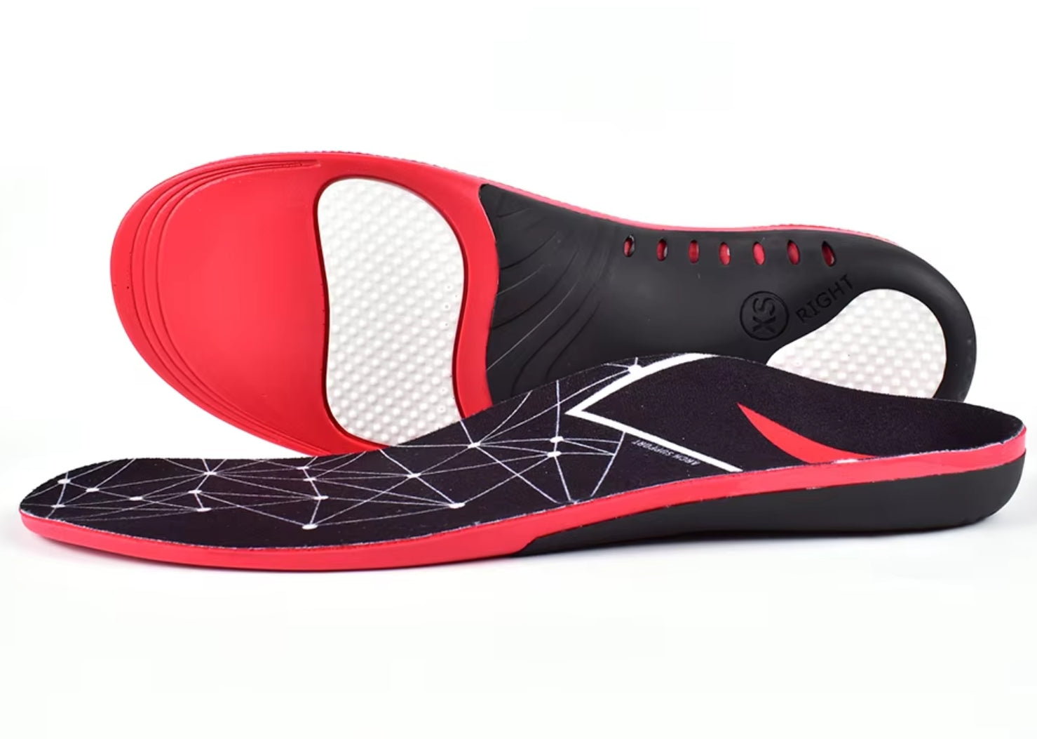 Insoles in sneakers showing 3/4 length and high arch elevation.