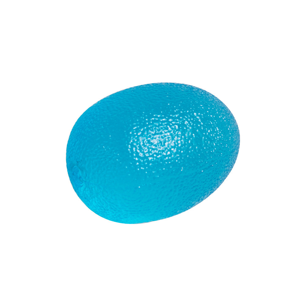 Person using a silicone egg exerciser for hand rehabilitation and joint mobility