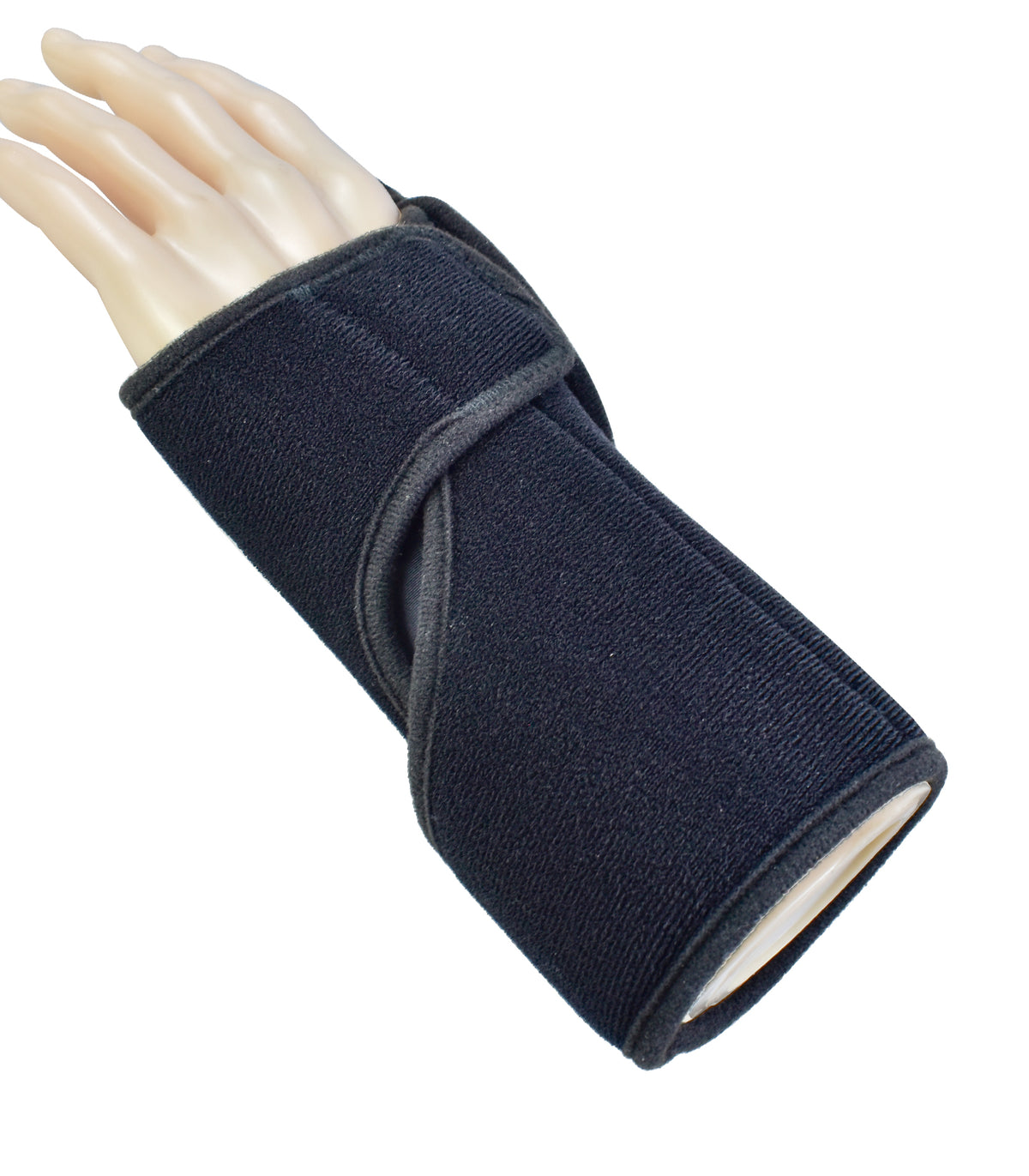 A dark navy blue wrist and forearm support brace shown on a mannequin hand against a plain white background.
