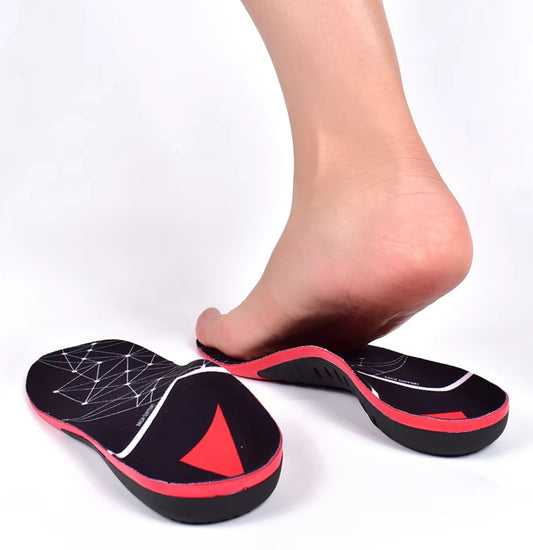 Side profile of TPU arch support insoles highlighting rigid brace and heel cup.