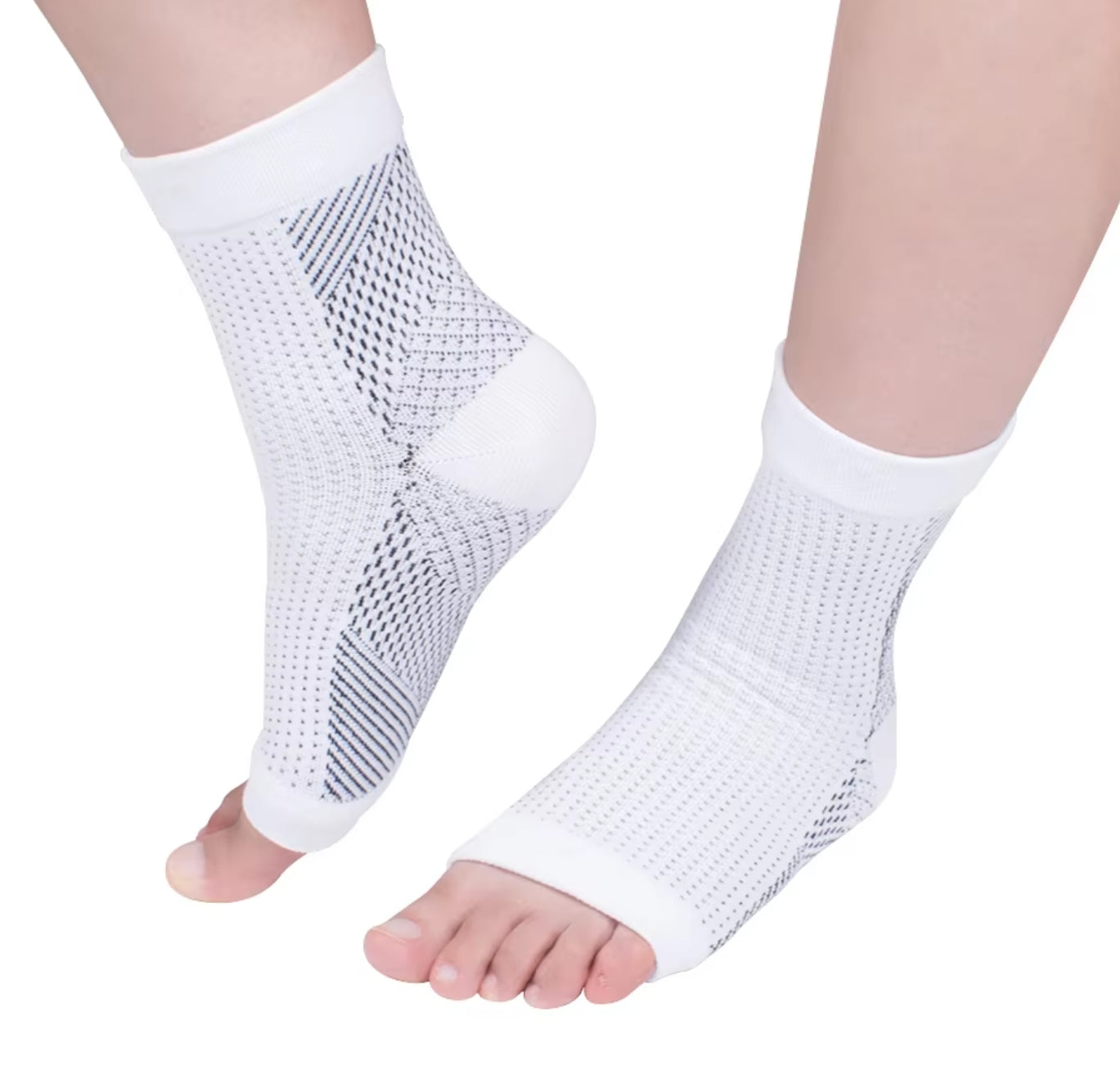White compressional toeless socks for plantar fasciitis and Achilles tendonitis relief.