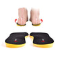 Two black and yellow foot orthosis insoles shown on a white background, with a top view above depicting feet inserted with white arrows and red curved arrows indicating foot motion correction.