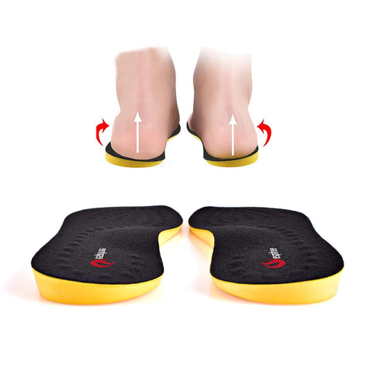 Two black and yellow foot orthosis insoles shown on a white background, with a top view above depicting feet inserted with white arrows and red curved arrows indicating foot motion correction.