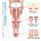 Promotional diagram showing the back view of a woman's legs with red highlighted areas and Japanese text, plus three inset diagrams explaining posture and bone alignment benefits.