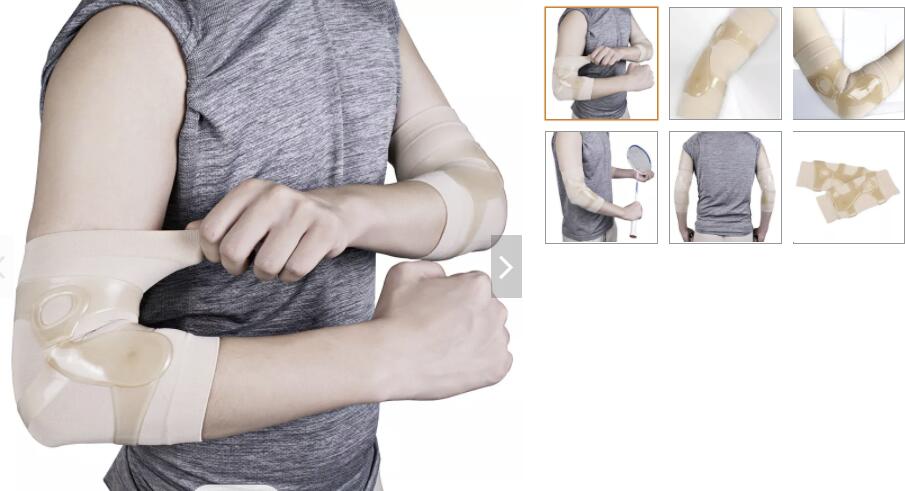 Badminton player wearing silicone elastic elbow brace during training