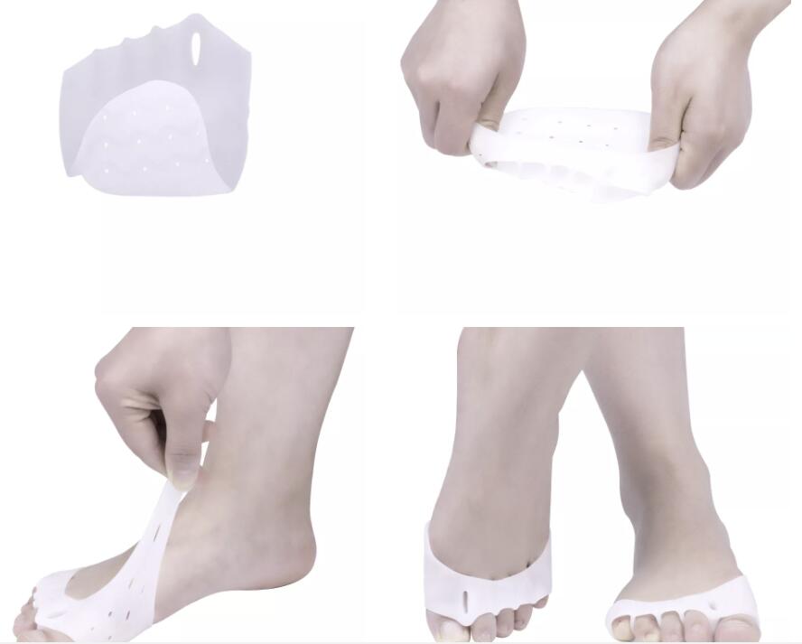 Close-up of soft gel toe separator pad on foot showing 5 toe holes